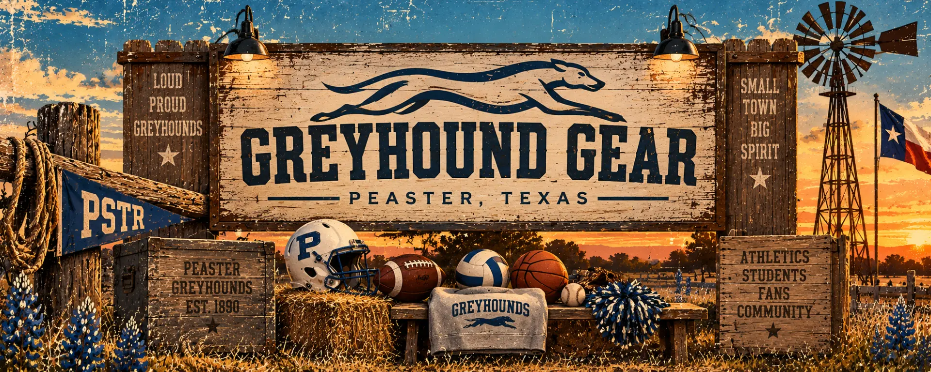 Greyhound Gear artwork with Peaster sports, school spirit graphics, Texas landscape, windmill, flag, and bluebonnets.