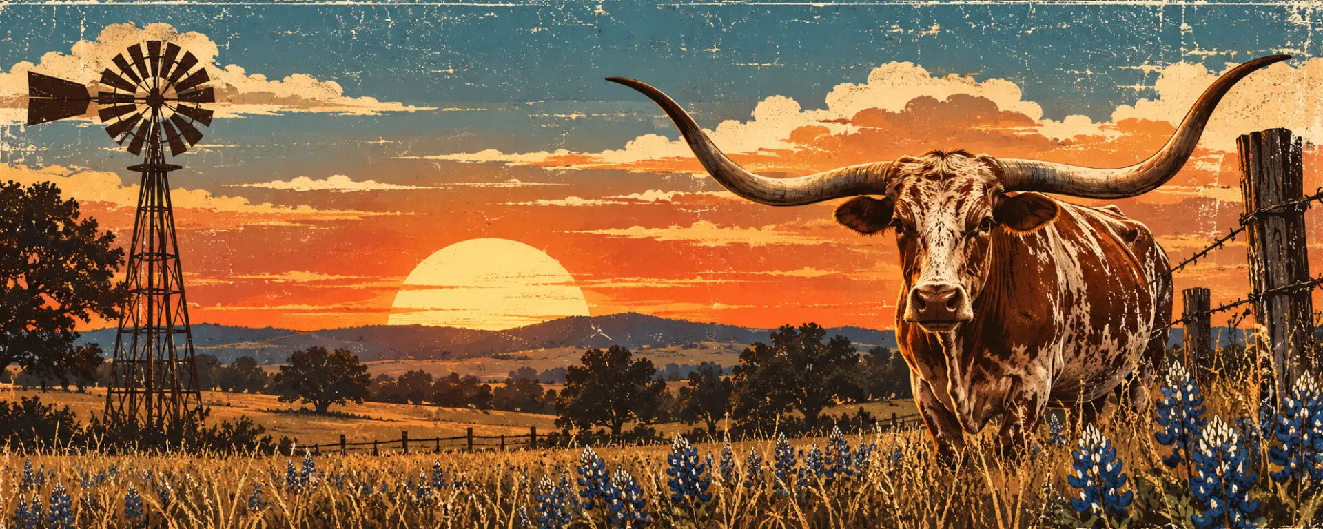 Texas sunset scene with a longhorn, windmill, fencing, bluebonnets, and rural Peaster scenery.