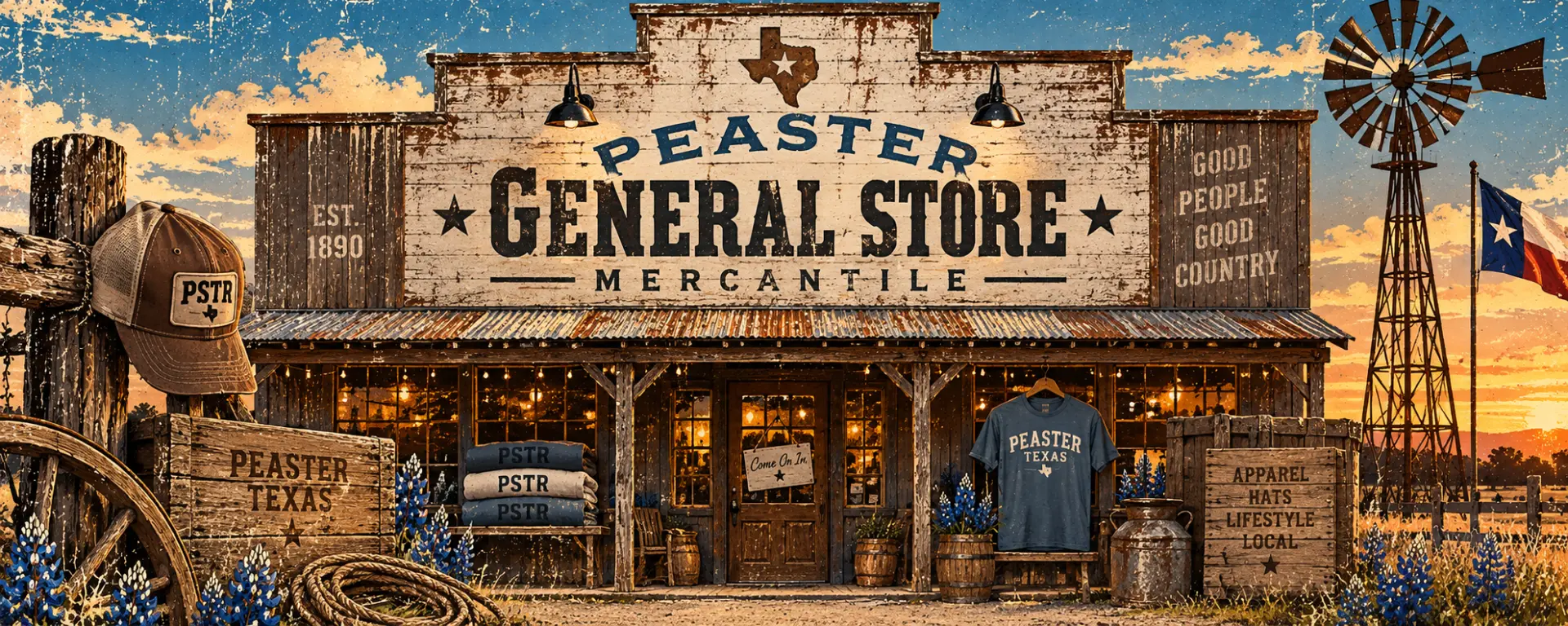 Peaster General Store mercantile artwork with PSTR goods, Texas signage, windmill, and bluebonnets.