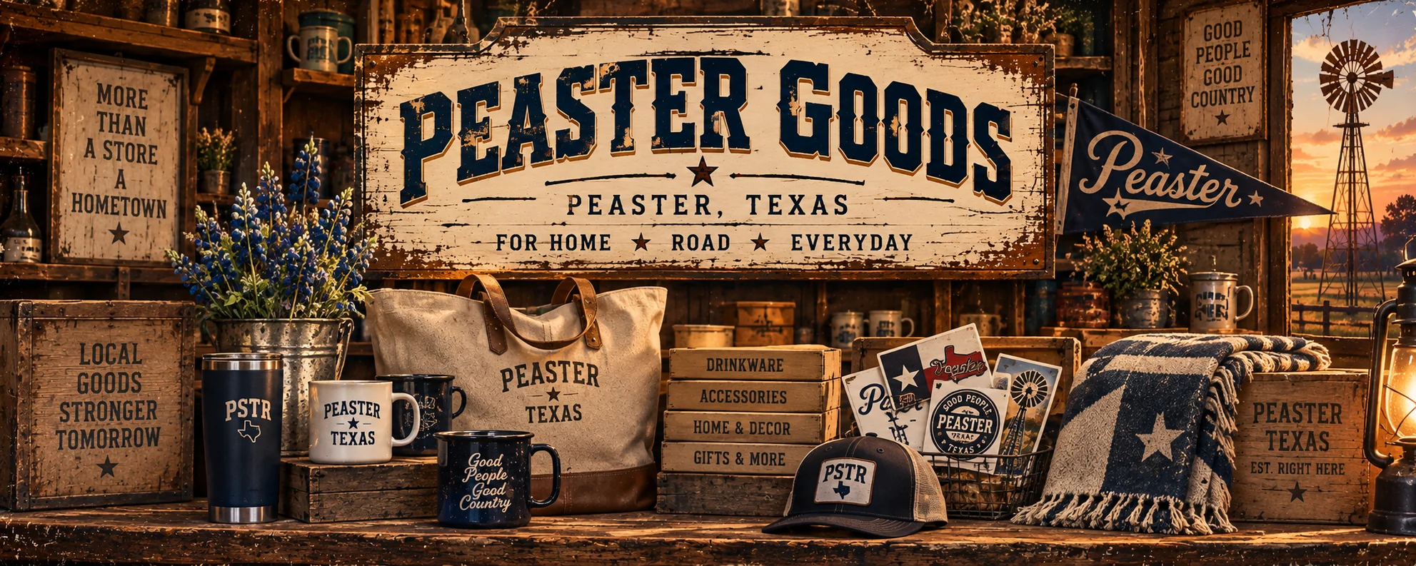 Peaster Goods artwork with a wooden Peaster Goods sign, mugs and tumblers, a Peaster Texas tote bag, caps, stickers, a Peaster pennant, bluebonnets, and a windmill at sunset.